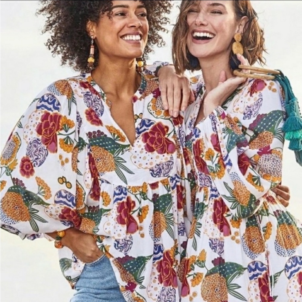 ROLLER RABBIT Cheri Floral Print Puff Long Sleeve Boho Blouse Size L